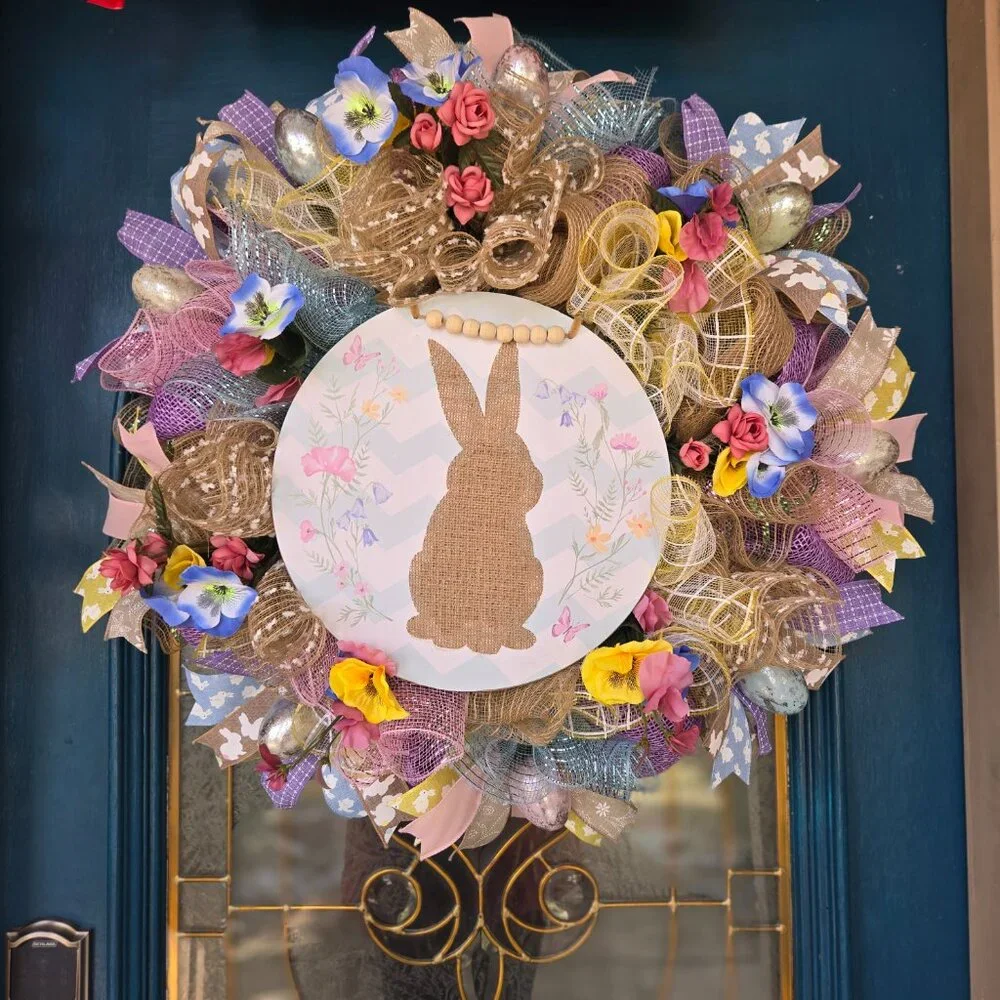 Bunny Silhouette in a Spring Garden Easter Wreath